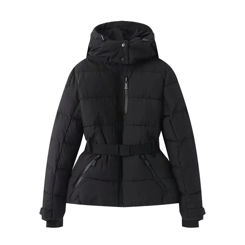 Women'S Fashion Waist With Belt Hooded Down Cotton Jacket