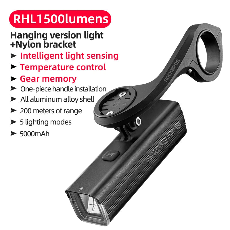 ROCKBROS Bicycle Light 1500LM Aluminum Alloy Type-C Charging
