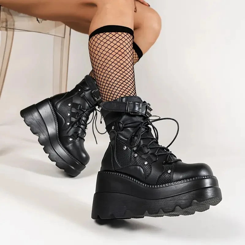 Women's Goth Cosplay Wedge Combat Ankle Boots