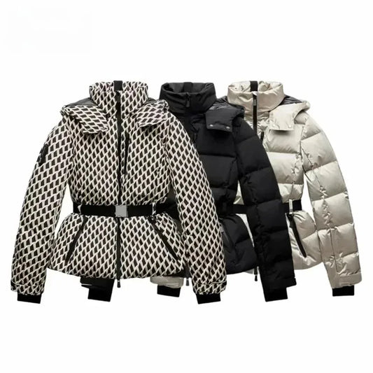 Women'S Fashion Waist With Belt Hooded Down Cotton Jacket