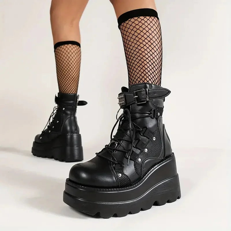 Women's Goth Cosplay Wedge Combat Ankle Boots